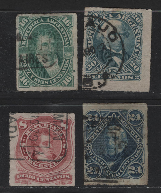 Lot 226 Argentina SC#34-37 8c - 24c Lake - Blue , 1876-1878 Rouletted Portraits Issue, 4 Very Good/Fine/Very Fine Used Singles, Left Edge Of 24c Is Cut