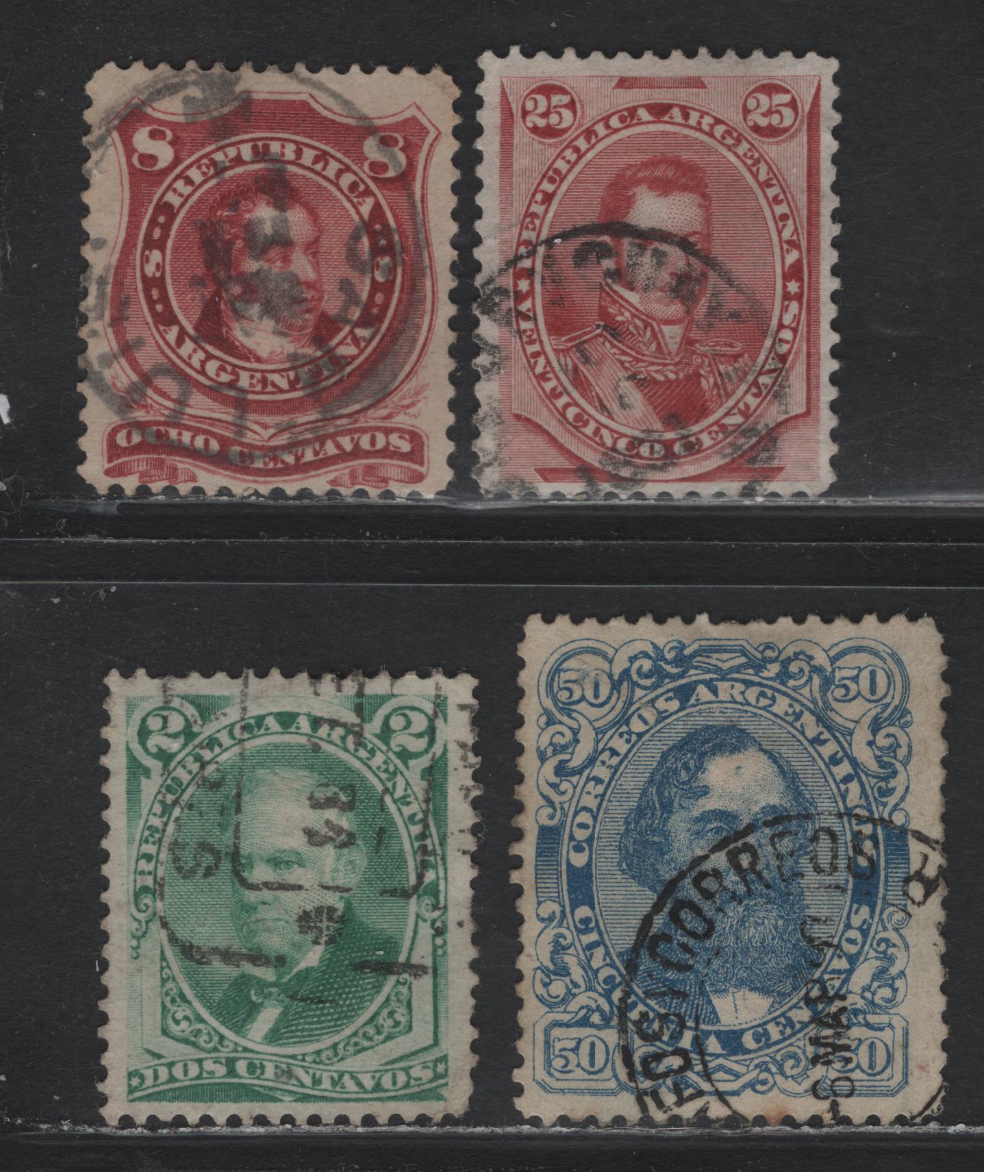 Lot 227 Argentina SC#38a, 39-40, 67 2c - 50c Emerald Green - Blue , 1877-1890 Portraits - Lithographed Portrait Issues, 4 Very Good/Fine/Very Fine Used , Small Corner Crease On 2c
