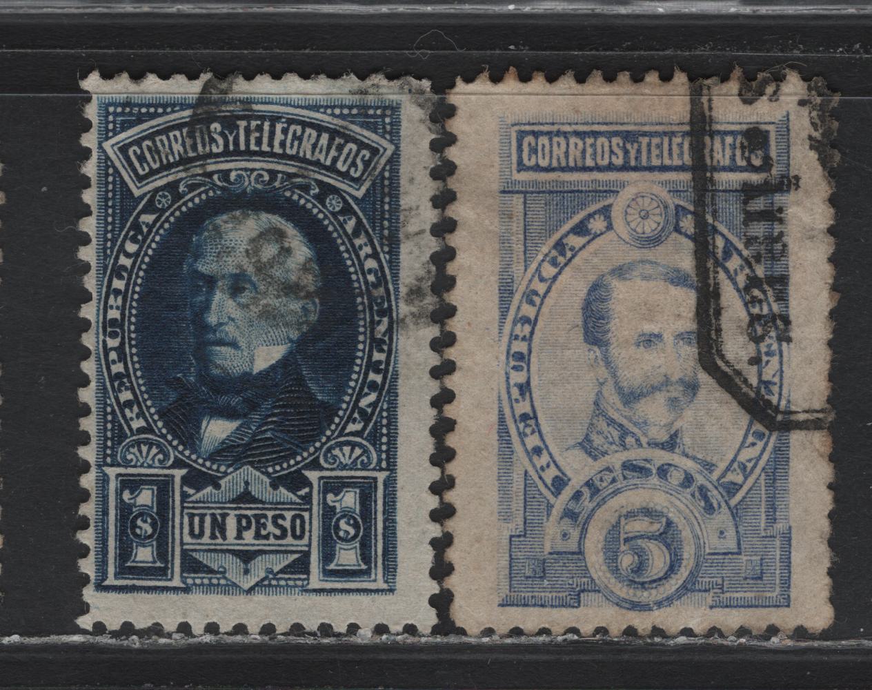 Lot 228 Argentina SC#86-87 1p - 5p Dark Blue - Ultramarine , 1891 Portraits & High Value Issue, 2 Fine Used Singles