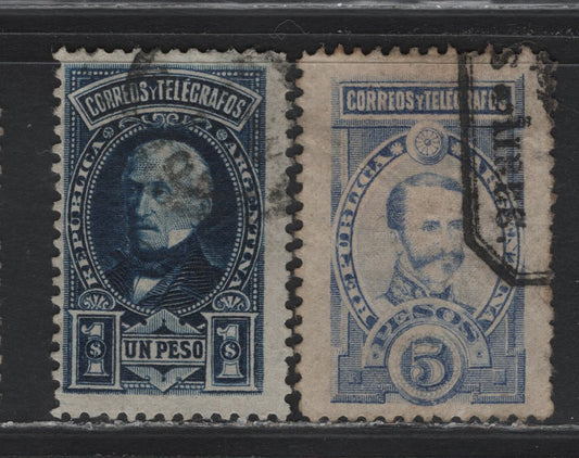 Lot 228 Argentina SC#86-87 1p - 5p Dark Blue - Ultramarine , 1891 Portraits & High Value Issue, 2 Fine Used Singles