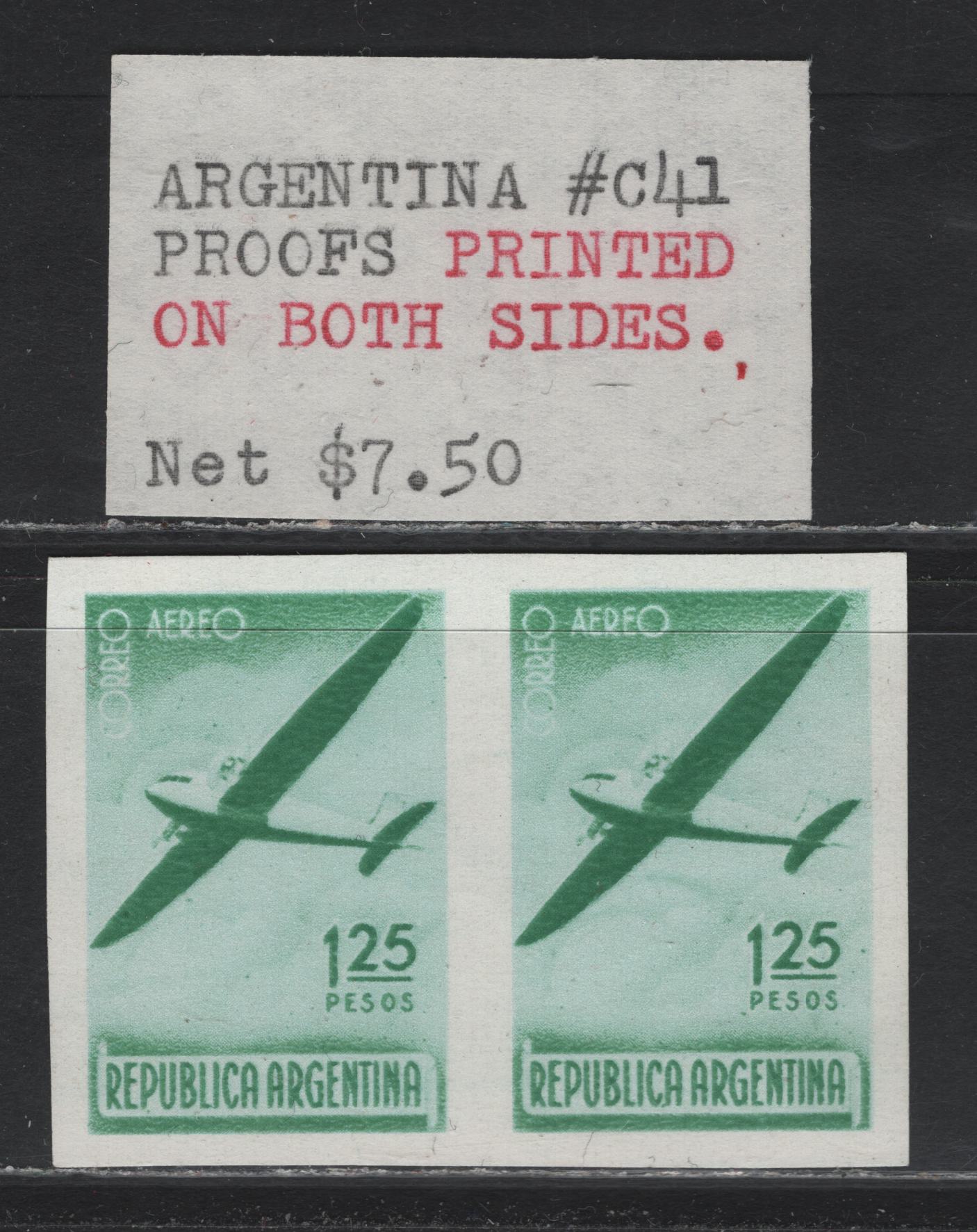 Lot 230 Argentina SC#C41var 1.25 Emerald Green - Deep Green , 1940 Mercury & Plane Airmail Issue, A Very Fine Unused Proof Pair, Color Proof Pair, Printed On Both Sides In Different Colors