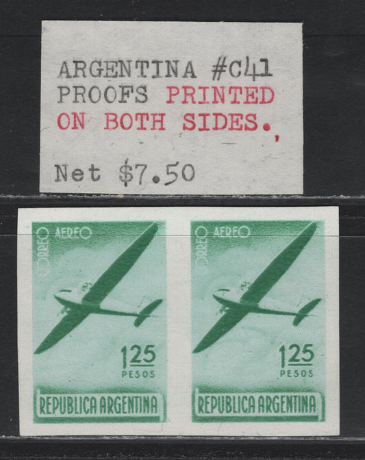 Lot 230 Argentina SC#C41var 1.25 Emerald Green - Deep Green , 1940 Mercury & Plane Airmail Issue, A Very Fine Unused Proof Pair, Color Proof Pair, Printed On Both Sides In Different Colors