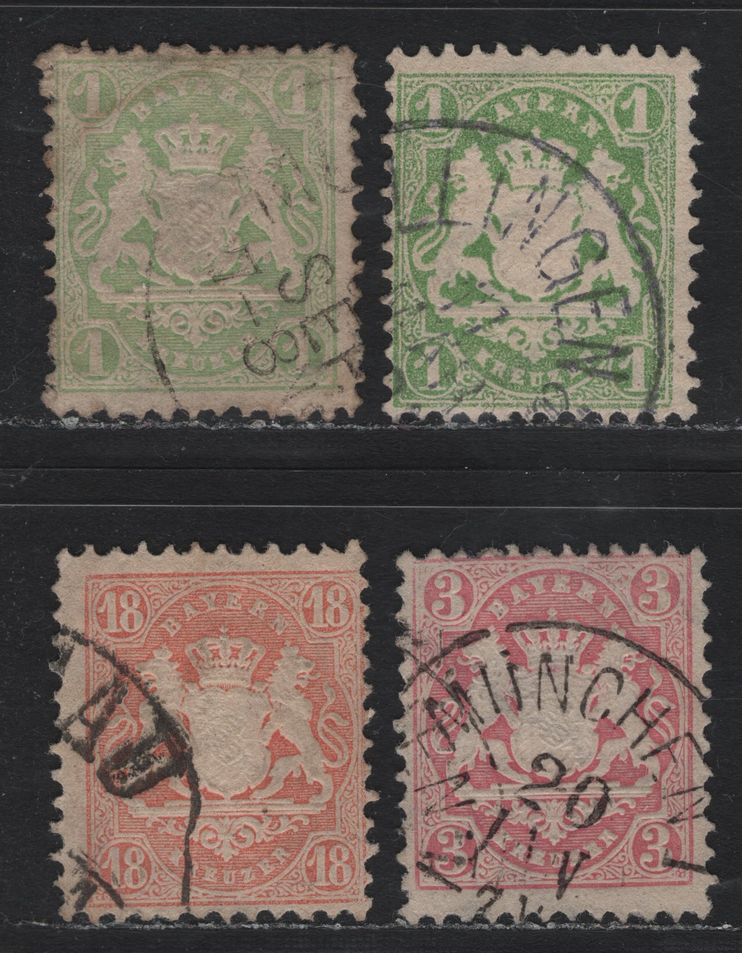 Lot 23 Bavaria SC#23,c, 24, 30 (Michel# 22Ya, 22Yb, 23Y, 27Ya) 1kr - 18kr Green - Rose , 1870-1872 Embossed Arms Issue, 4 Fine Used Singles