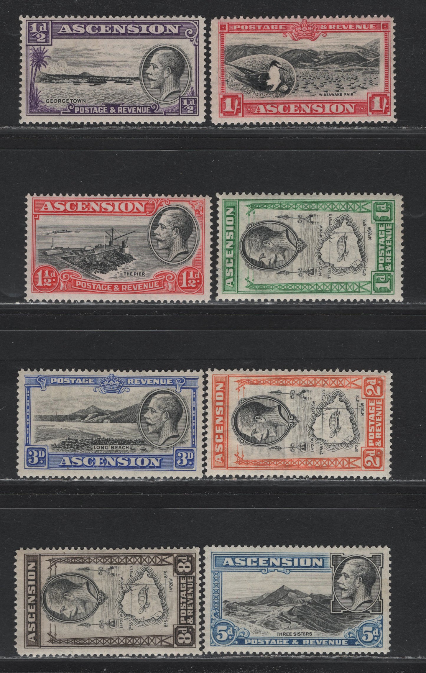 Lot 231 Ascension SC#23-30 1/2d - 1/- Violet & Black - Carmine & Black , 1934 KGV Pictorial Issue, 8 F/VFOG Singles