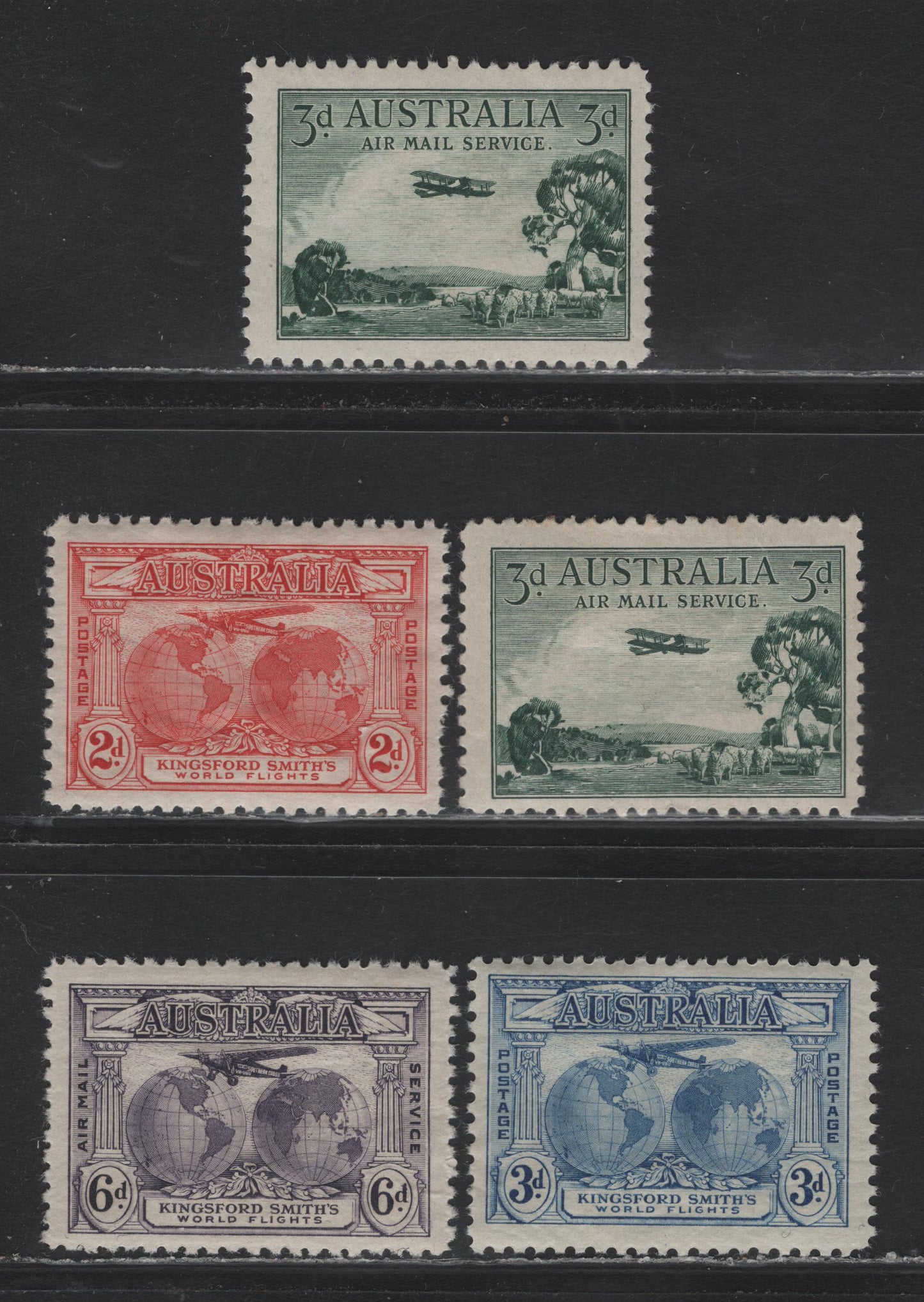 Lot 232 Australia SC#111-112, C1, C3 2d - 6d Dull Red - Olive Brown , 1929-1931 Trnas-Oceanic Flights - Airmail Issues, 5 VFNH, Fine OG and VFOG Singles