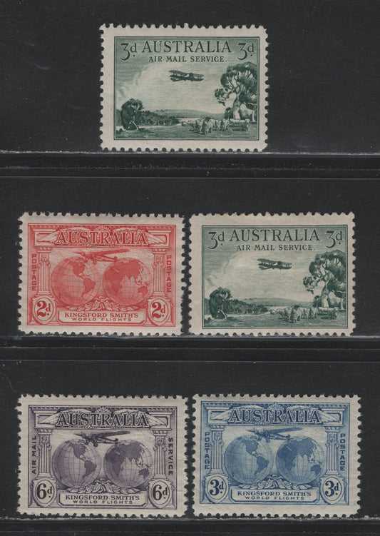Lot 232 Australia SC#111-112, C1, C3 2d - 6d Dull Red - Olive Brown , 1929-1931 Trans-Oceanic Flights - Airmail Issues, 5 VFNH, Fine OG and VFOG Singles