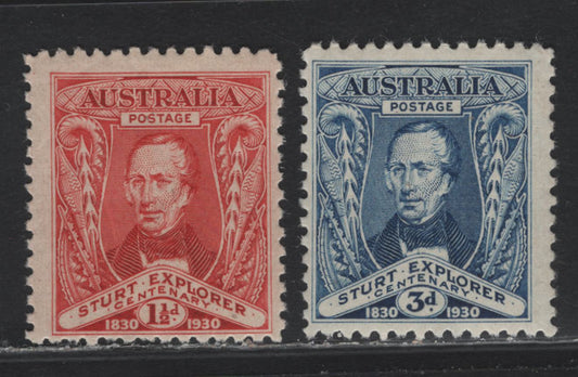 Lot 233 Australia SC#104-105 1.5p - 3p Dark Red - Dark Blue Capt. Charles Sturt, 1930 Exploration of The Murray River Centenary Issue, 2 Fine & VFNH Singles