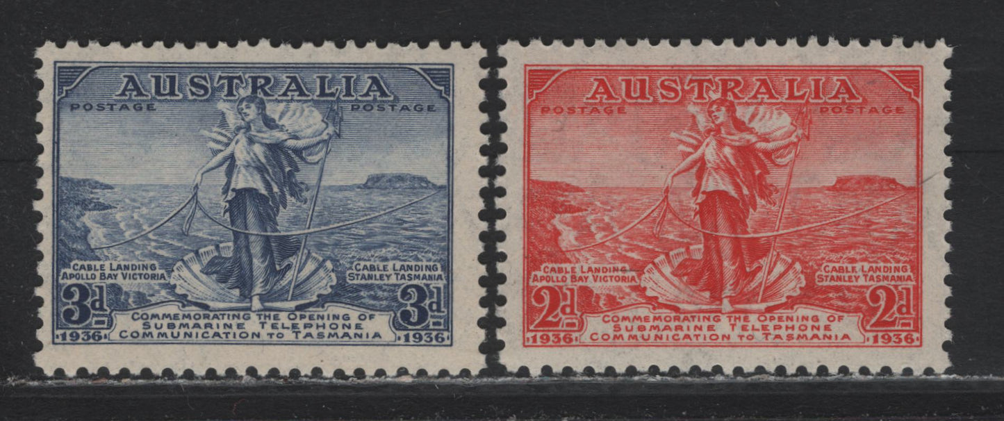 Lot 234 Australia SC#157-158 2d - 3d Red - Dark Blue Amphitrite Joining Cablers Between Australia & Tazmania, 1936 Australia/Tazmania Telephone Link Issue, 2 VFNH Singles