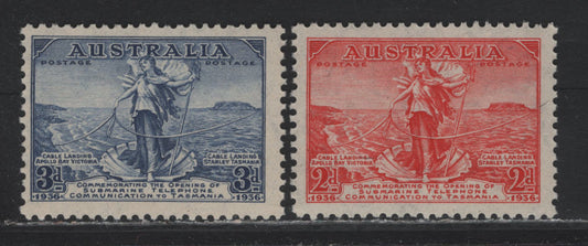 Lot 234 Australia SC#157-158 2d - 3d Red - Dark Blue Amphitrite Joining Cablers Between Australia & Tazmania, 1936 Australia/Tazmania Telephone Link Issue, 2 VFNH Singles