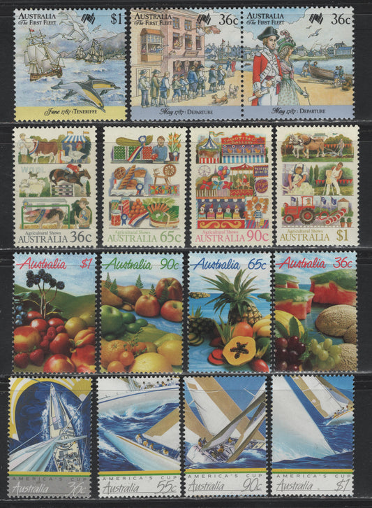 Lot 235 Australia SC#1011-1022, 1024-1026 36c - $1 Multicolored , 1987 Views opf Yacht Racing - First Fleet Leaving England Issues, 15 VFNH Singles & Strip Of 5