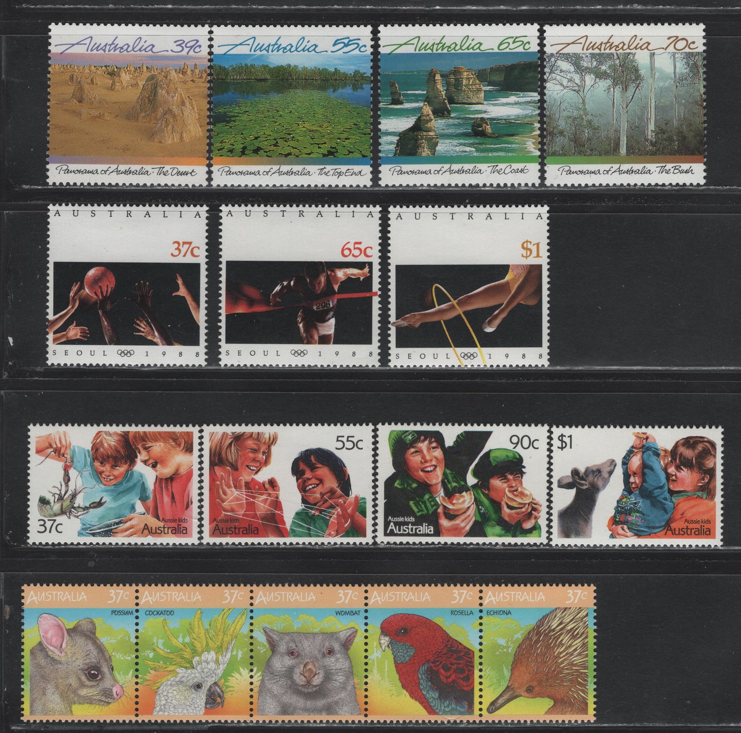 Lot 236 Australia SC#1035, 1040-1043, 1091-1093, 1098-1101, 37c - 70c Multicolored , 1987-1988 Fauna - Views Issues, 12 VFNH Singles & Strip Of 5