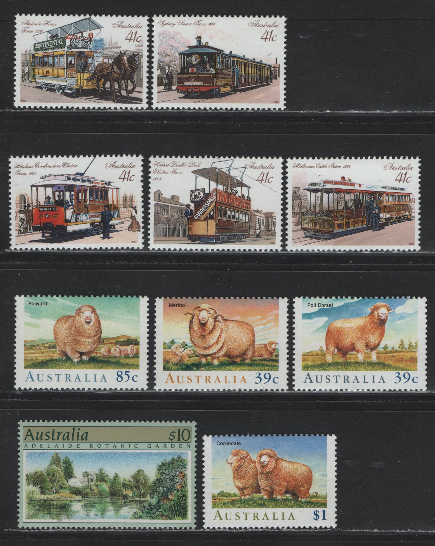 Lot 237 Australia SC#1134, 1136-1139, 1154-1158 $10 - 41c Multicolored , 1989-1990 Botanical Gardens - Street Cars Issue, 10 VFNH Singles