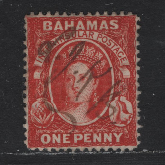 Lot 245 Bahamas SG#33x 1d Scarlet Vermillion , 1863-1877 Queen Victoria Courbould Heads Issue, A Very Fine Used Single, Crown CC Wmk