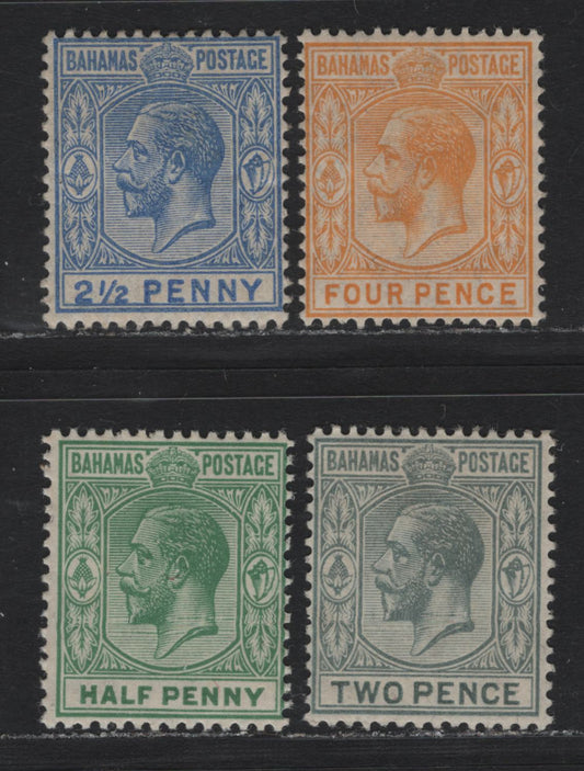 Lot 246 Bahamas SG#81, 83-85 1/2d - 4d Green - Orange Yellow , 1912-1919 KGV Issue, 3 FOG/NH Singles, Multiple Crown CA Wmk, 1/2d Is NH