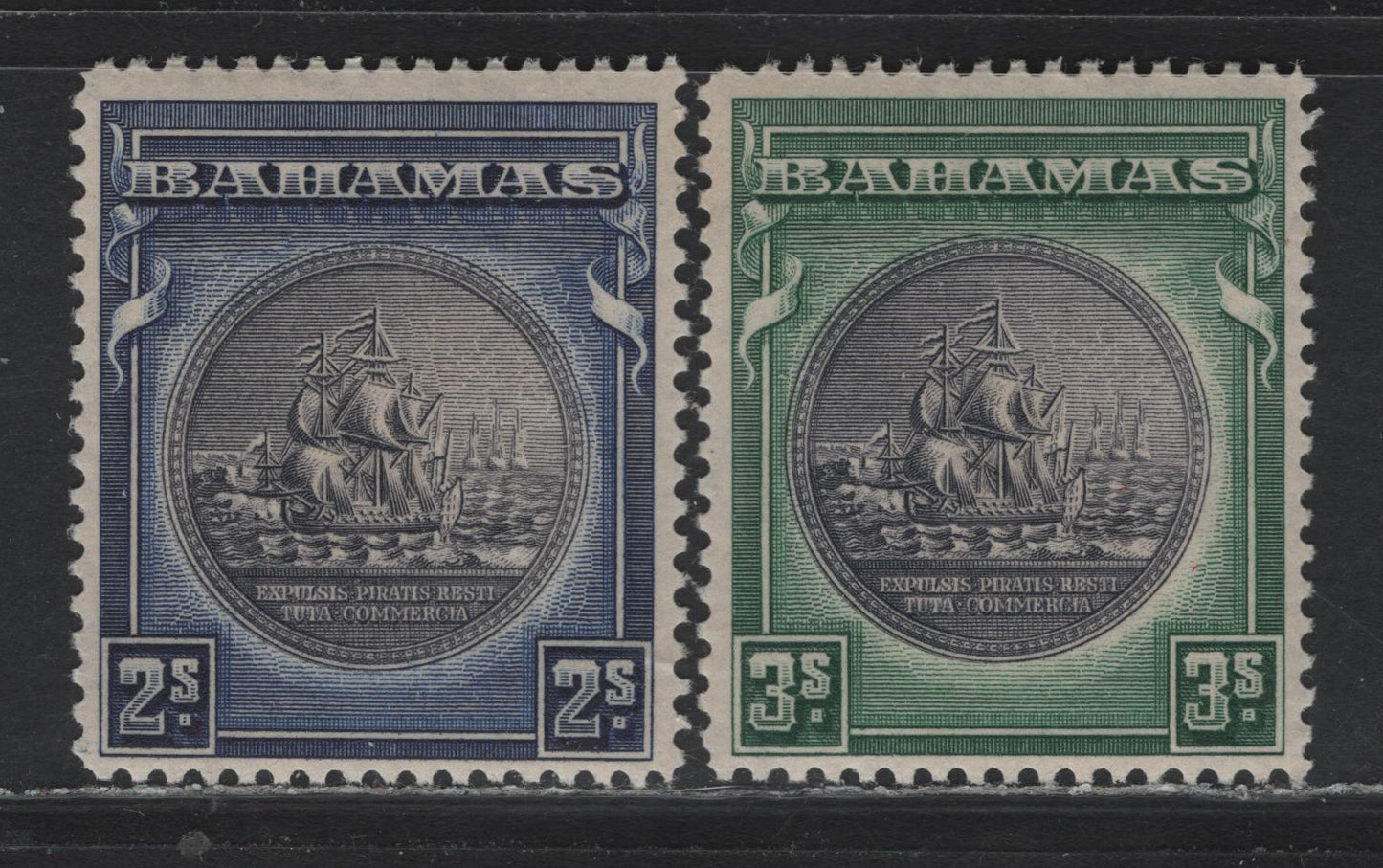 Lot 248 Bahamas SG#131-132 2/- - 3/- Slate Purple & Deep Ultramarine - Slate Purple & Myrtle Green , 1931 Badge of the Colony Issue, A VFOG Single, First Printings With Crackly Gum, Well Before The Wartime Printings During The Reign Of King George VI