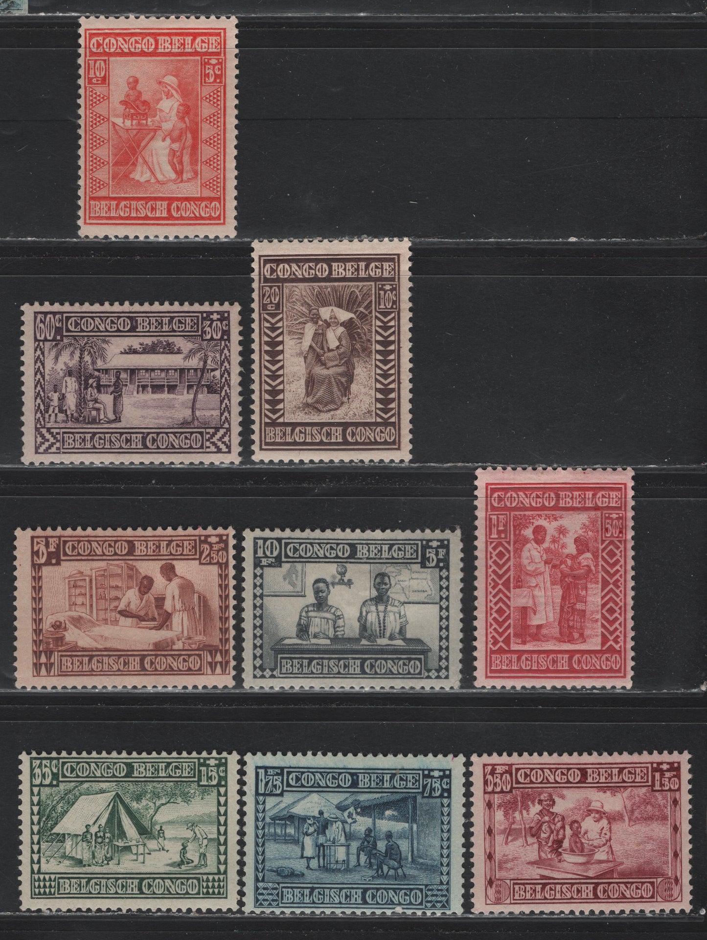 Lot 248A Belgian Congo SC#B12-B20 10c+5c - 10fr+5fr Vermillion - Gray Black , 1930 Welfare Work Semi Postals, 9 F/VFOG Singles