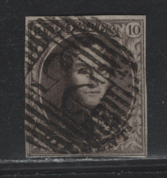 Lot 249 Belgium SC#6a 10c Dark Brown , 1851-1854 King Leopold I Issue, A Fine Used Single, Vertical Ribbed Paper, Margins Clear On All Sides, Close On 2 & Full 1/2mm On 2 Sides, #25 Barred Circular Grid Cancel.
