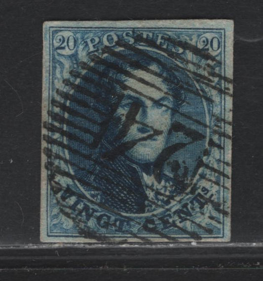 Lot 250 Belgium SC#7 20c Blue , 1851-1854 King Leopold I Issue, A Very Fine Used Single, 4 Clear Margins, Full On All Sides To Larger Than Full At Top, $24 Numeral Circular Grid Cancel, Two L's Wmk Without Frame.