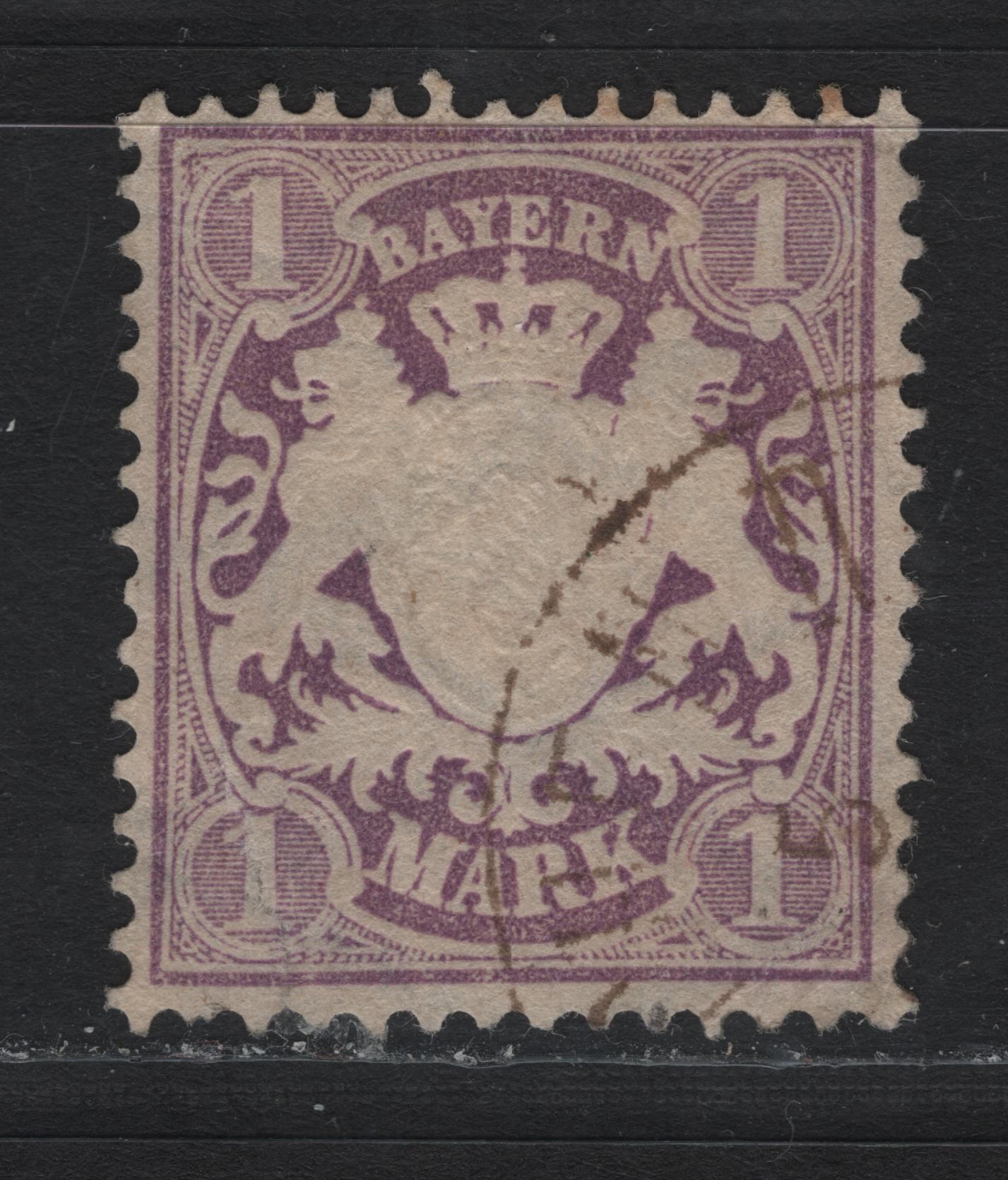 Lot 25 Bavaria SC#32a (Michel# 31b) 1m Deep Red Violet , 1870-1872 Embossed Arms Issue, A Fine Used Single, Perf 11.5, Wmk 17mm Wide Diamonds, Repaired Tear At LL.
