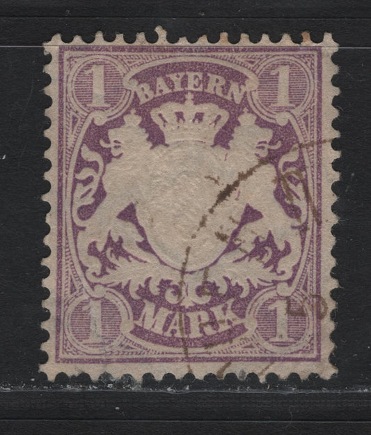 Lot 25 Bavaria SC#32a (Michel# 31b) 1m Deep Red Violet , 1870-1872 Embossed Arms Issue, A Fine Used Single, Perf 11.5, Wmk 17mm Wide Diamonds, Repaired Tear At LL.