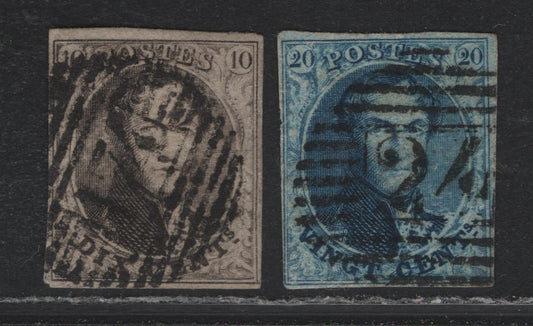 Lot 251A Belgium SC#6a, 7 10c -20c Dark Brown - Blue , 1851-1854 King Leopold I Issue, 2 Fine Used Singles, Horizontal Ribbed Paper on 10c, 20c Faulty and Not Counted, 10c Has 4 Margins That Are Full On 2 Sides & Close On 2 Sides