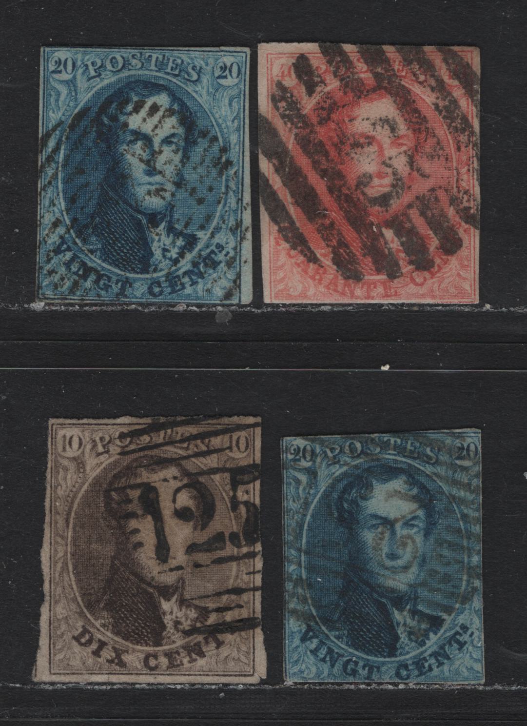 Lot 252 Belgium SC#10a, 11-12 10c - 40c Dark Brown - Vermillion , 1861 King Leopold I Issue, 4 Fine Used Singles, No Wmk, 17.5mm High