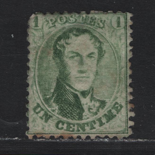 Lot 253 Belgium SC#13a 1c Green , 1863-1865 King Leopold I Issue, A Good Unused Single, Perf 12.5, Small Thin, Creased Corner Perf & Some Toned Perfs.