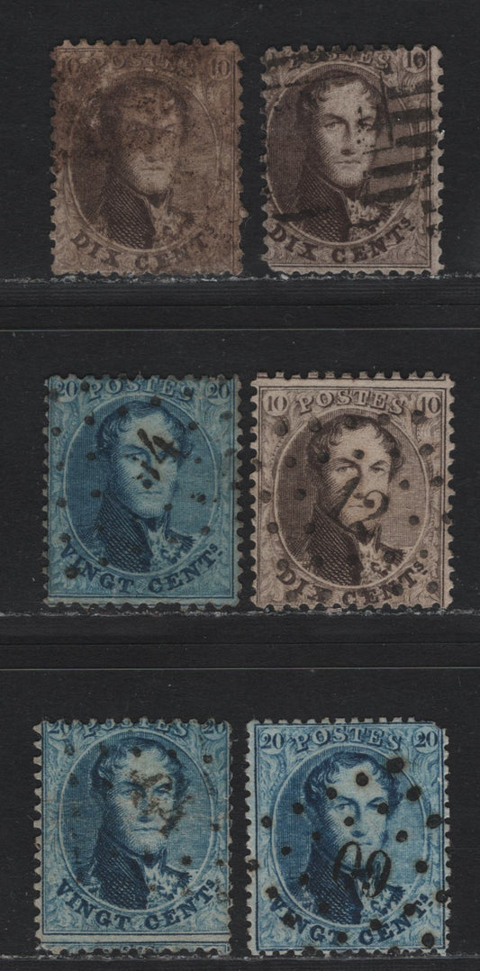 Lot 254 Belgium SC#14b,c, 15,c 10c - 20c Brown - Blue , 1863-1865 King Leopold I Issue, 6 Good/Very Good Used Singles, 10c Perf 12.5, 20c Perf 14.5 & Perf 12.5x13.5, Typical Centering & 20c Perf 14.5 Well Centered