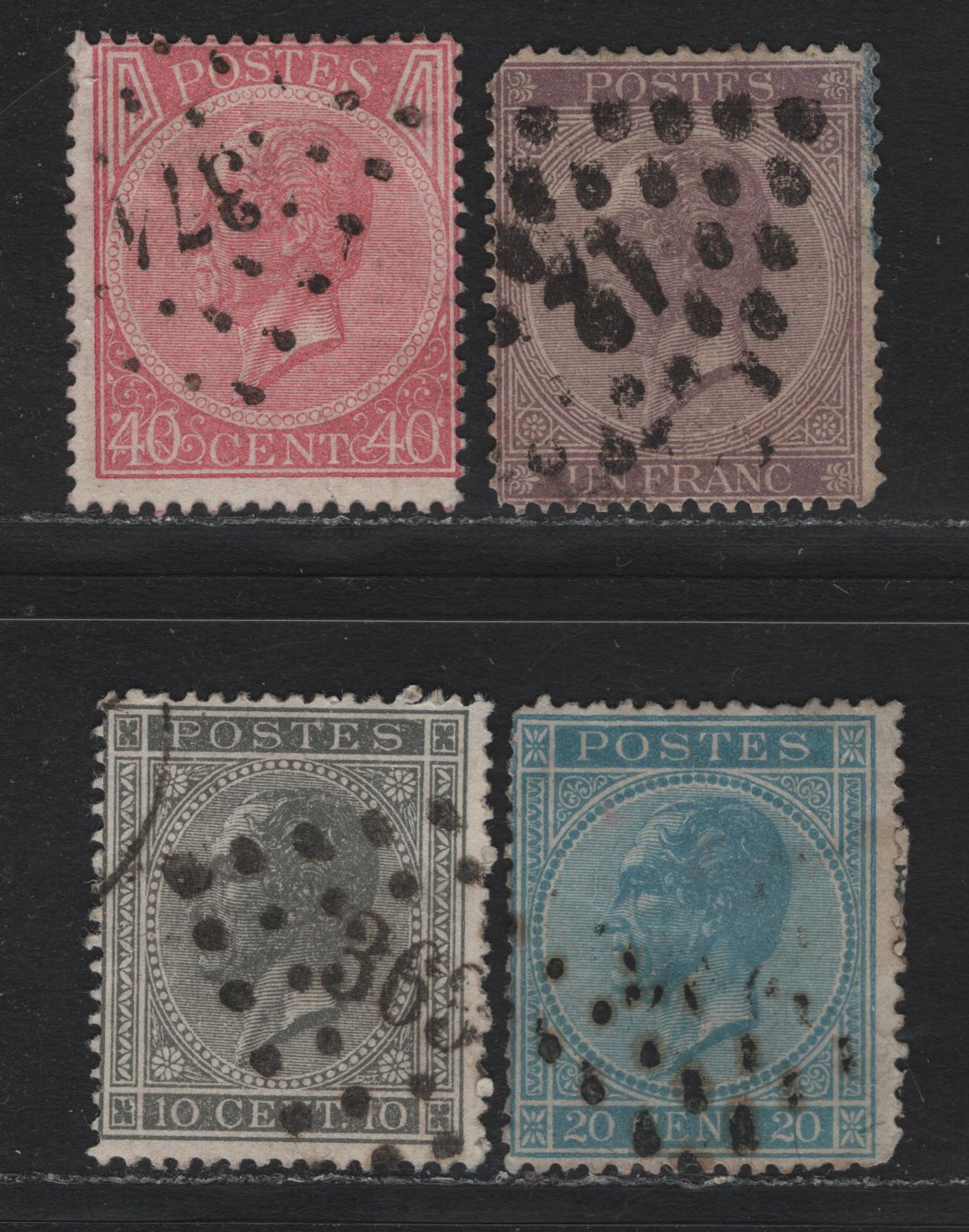 Lot 256 Belgium SC#18-19, 21, 22, 19b 10c-1fr Grey - Rose King Leopold I, 1866-1867 Brussels Print Sidefaces, 4 VG & Fine Used Singles Perf. 15 Except 20c, Which is 14.5 x 14