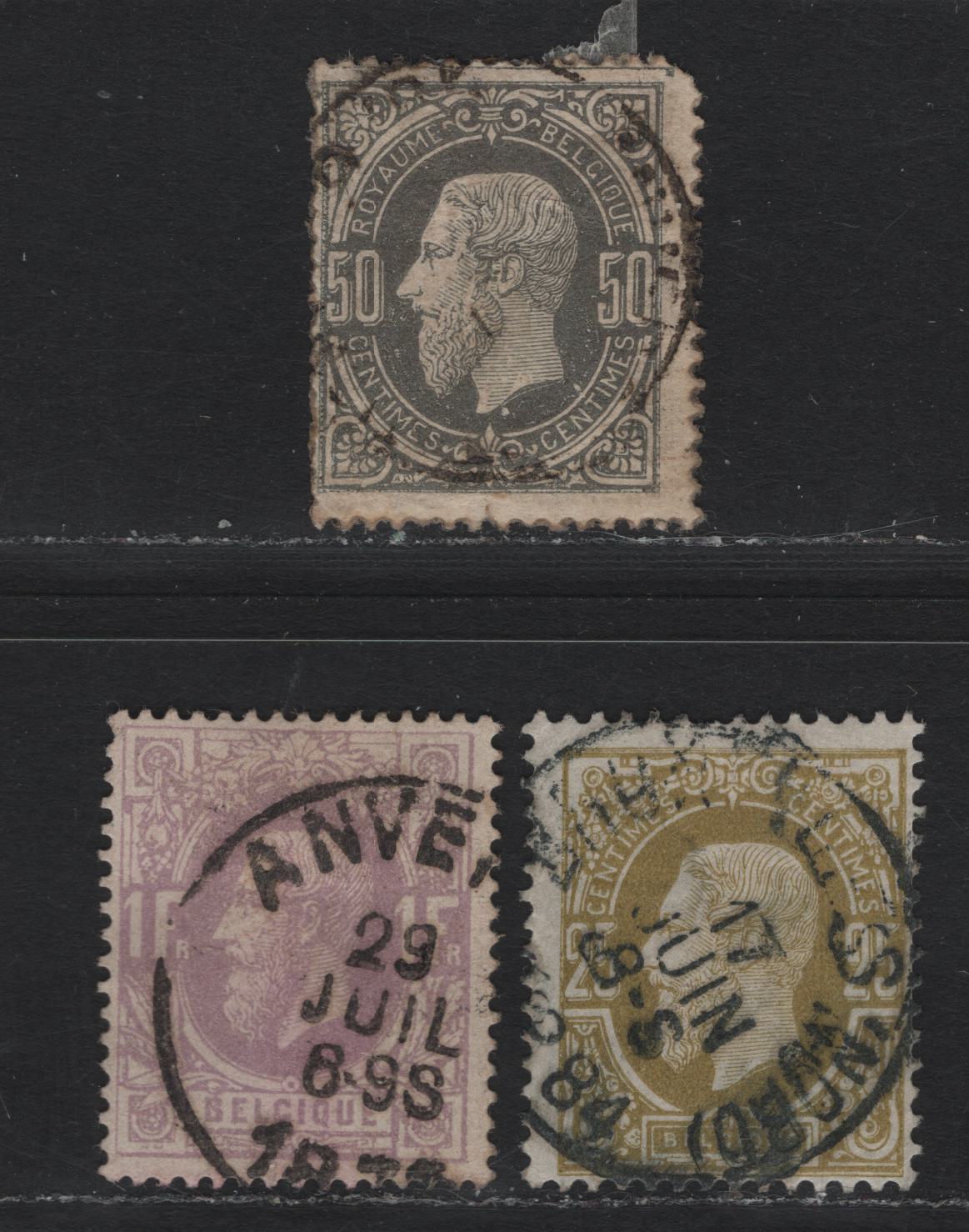 Lot 257 Belgium SC#36-38 1fr-50c Dull Lilac - Grey King Leopold II, 1869-1878 King Leopold II Sideface Issue, 3 VG & Fine Used Singles