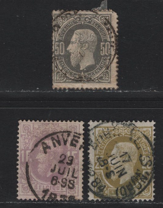 Lot 257 Belgium SC#36-38 1fr-50c Dull Lilac - Grey King Leopold II, 1869-1878 King Leopold II Sideface Issue, 3 VG & Fine Used Singles