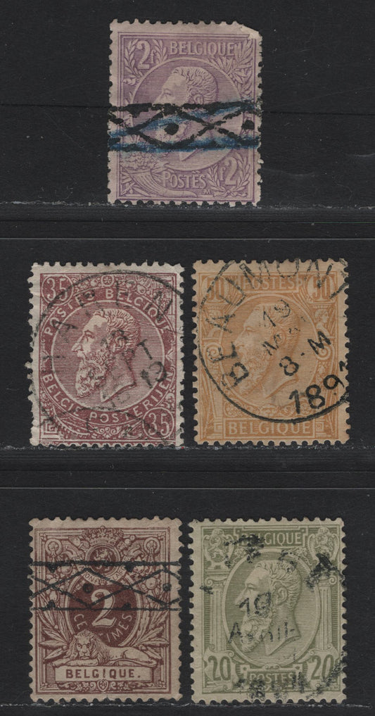 Lot 258 Belgium SC#55-59 2c-2fr Purple Brown - Violet on Pale Lilac King Leopold II, 1886-1891 King Leopold II Sideface Issue, 5 VG & Fine Used Singles 2c and 1fr With Remainder Cancels, Corner Crease on 20c