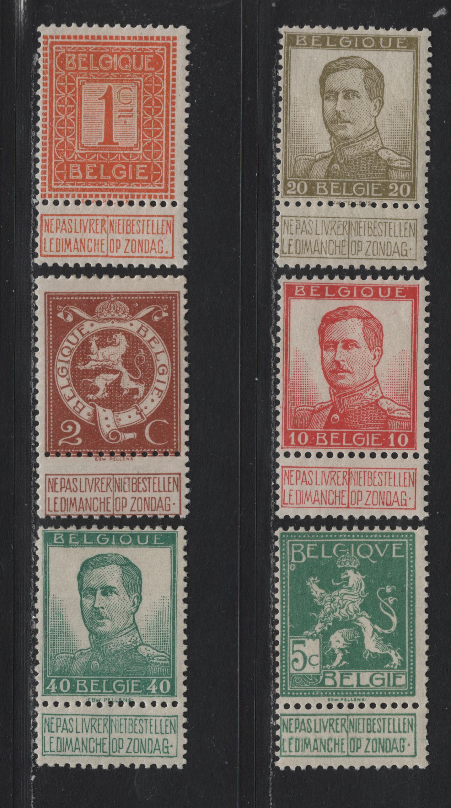 Lot 261 Belgium SC#92-94, 103a, 104, 107 1c-40c Orange - Green King Albert I, 1912-1913 Sunday Labels Issue, 6 Fine OG Singles Larger Heads, 10c Without Engraver's Name