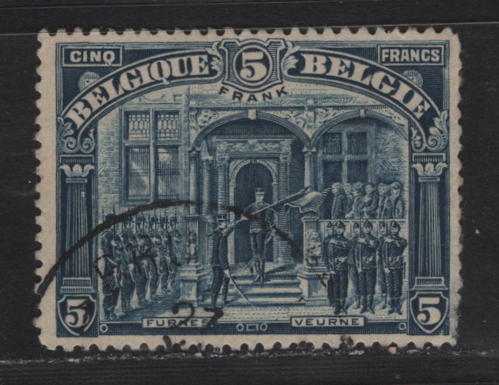 Lot 262 Belgium SC#121 5fr Deep Blue King Albert I at Furnes, 1915-1920 Pictorial & Portrait Issue, A VG Used Single Small Thin At LR That Results In Some Missing Perfs At LR