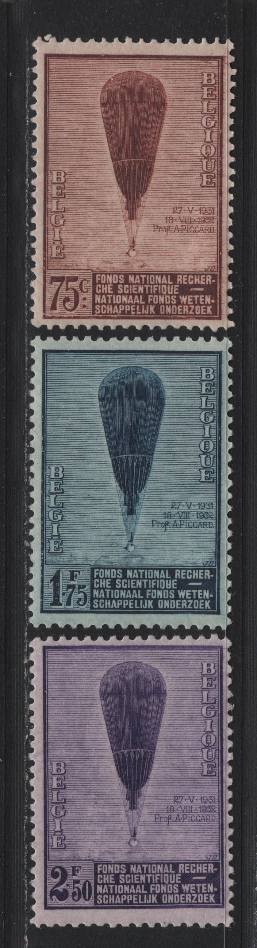 Lot 263 Belgium SC#251-253 75c-2.5fr Red Brown - Dark Violet Auguste Piccard's Balloon, 1932 Piccard's Ascents Into The Atmosphere, 3 Fine & VFOG Singles