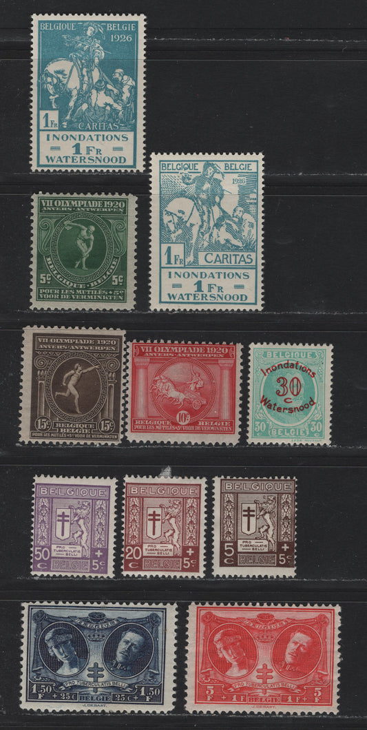 Lot 265 Belgium SC#B48-B50, B56-B63 5c+5c -5fr + 1f Deep Green - Rose Red Discus Thrower - Queen Elisabeth & King Albert I, 1920 7th Olympic Games Semi-Postal Issue - 1926 Tubercular War Veterans Issue, 11 Fine & VFOG Singles