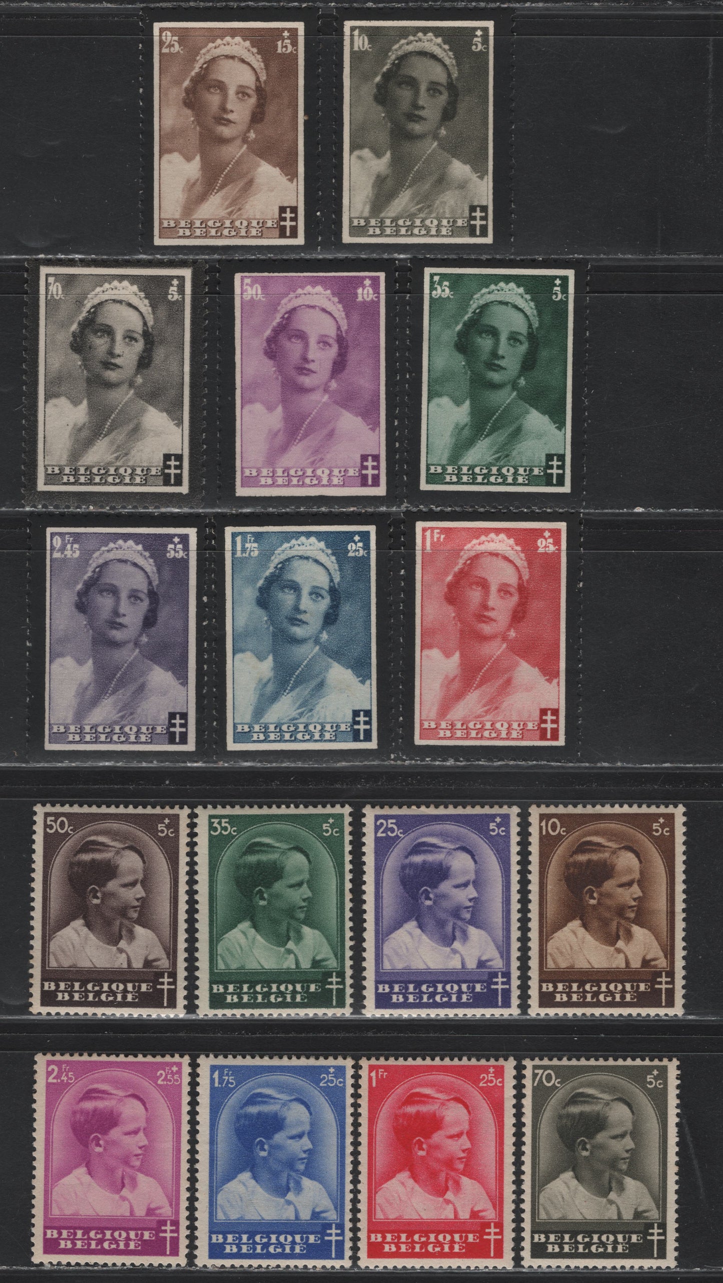 Lot 268 Belgium SC#B170-B177, B180-B187 10c + 5c - 2.45fr + 2.55fr Olive Black - Violet Rose Queen Astrid - Prince Baudoin, 1935 Queen Astrid Memorial Issue - 1936 Anti-Tuberculosis Society Issue, 16 Fine & VFOG Singles