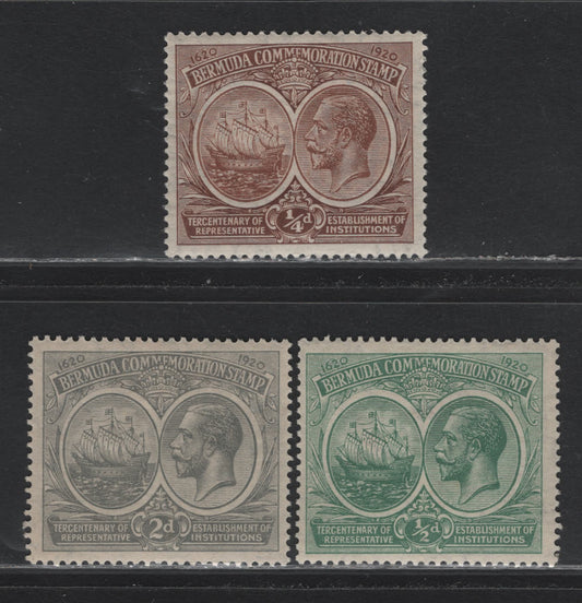 Lot 274 Bermuda SG#59-61 1/4d-2d Brown-Grey King George V & Badge of The Colony, 1920-1921 Tercentenary Of Representative Institutions, 3 Fine OG & VFOG Singles Wmk Multiple Crown CA