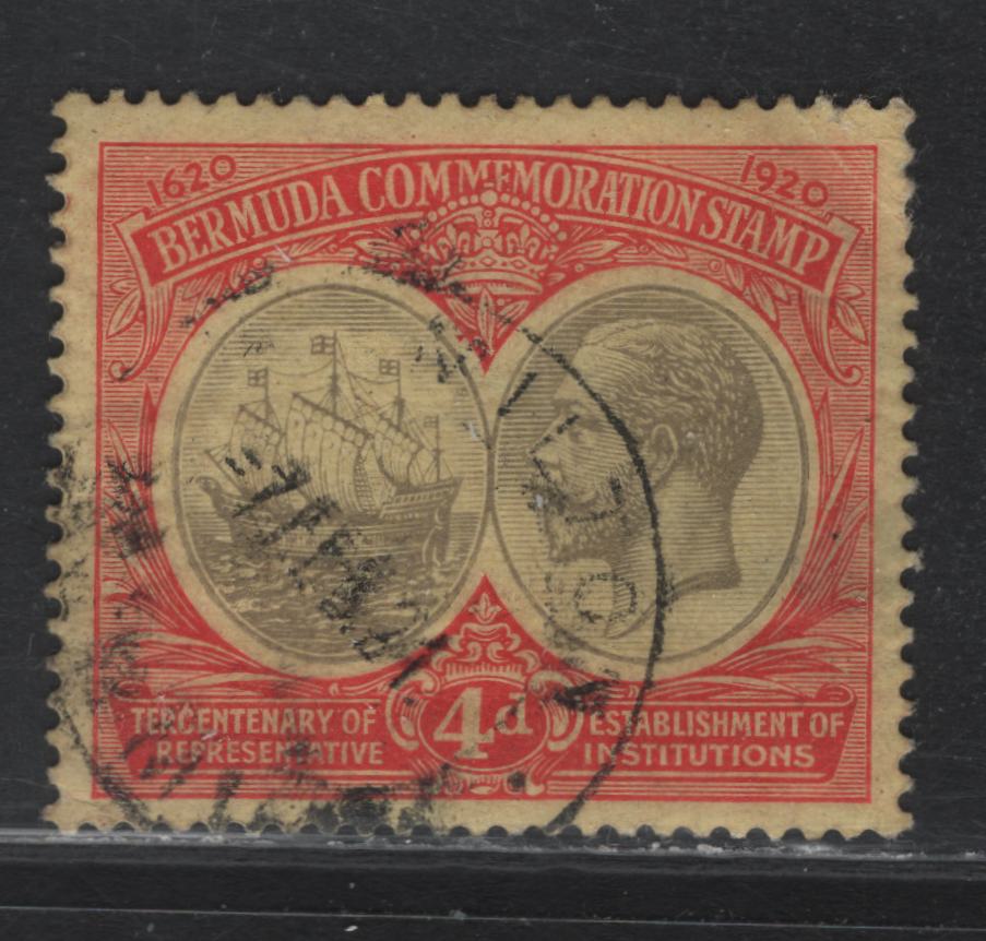 Lot 275 Bermuda SG#63 4d Grey & Red On Pale Yellow King George V & Badge of The Colony, 1920-1921 Tercentenary Of Representative Institutions, A VF Used Single Scarcer Used Than Mint, Small Corner Crease At UR, Wmk Multiple Crown CA