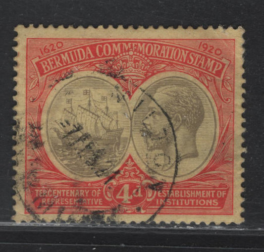 Lot 275 Bermuda SG#63 4d Grey & Red On Pale Yellow King George V & Badge of The Colony, 1920-1921 Tercentenary Of Representative Institutions, A VF Used Single Scarcer Used Than Mint, Small Corner Crease At UR, Wmk Multiple Crown CA