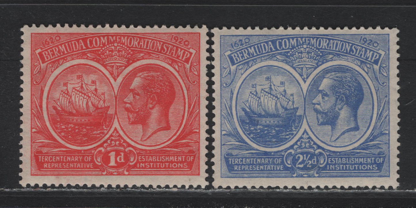 Lot 276 Bermuda SG#65-66 1d & 2.5d Carmine & Bright Blue King George V & Badge of The Colony, 1920-1921 Tercentenary Of Representative Institutions, 2 Fine & VFOG Singles Wmk Multiple Script CA