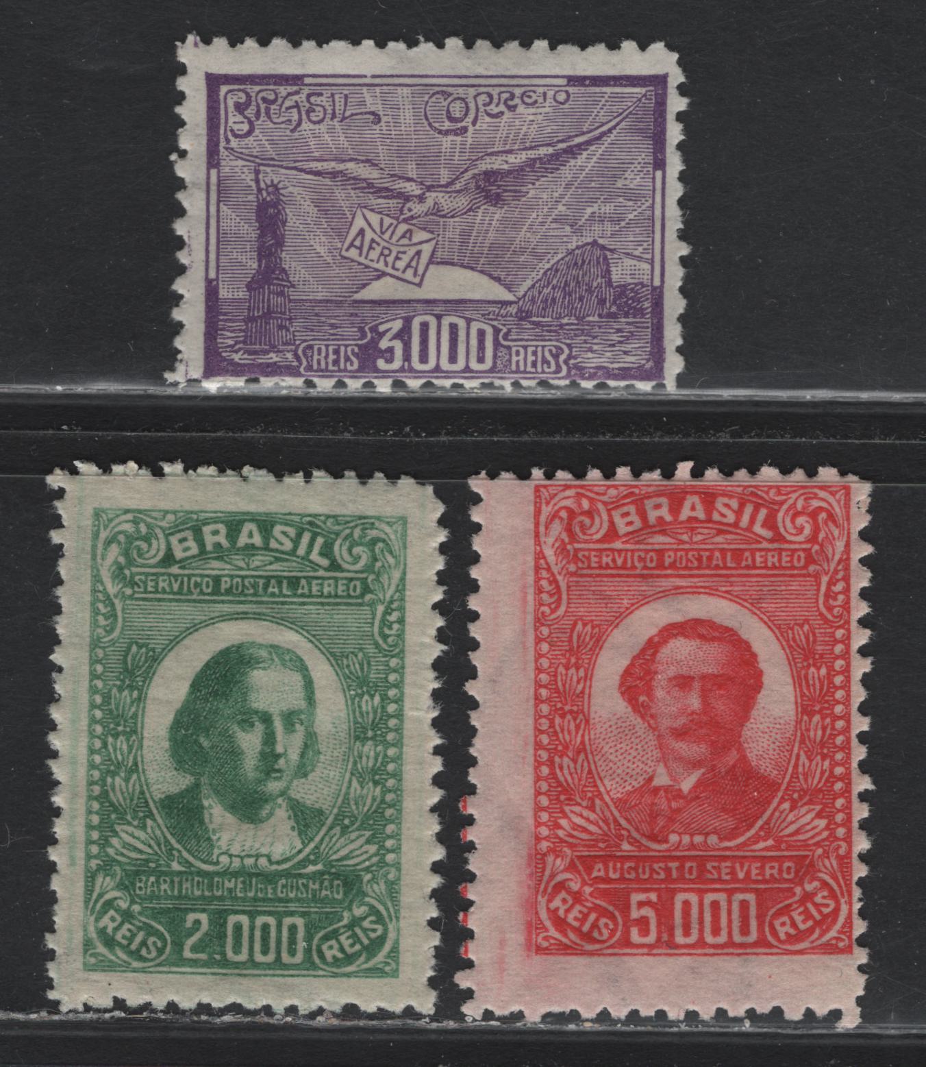Lot 280 Brazil SC#C22, C23, C25 2000r - 5,000r Green - Carmine Bartholomeu du Gusmao - Allegory of US-Brazil Airmail Service, 1929-1930 Airmail Issue, 3 VG OG, Fine & VFOG Singles Perf. 11-12