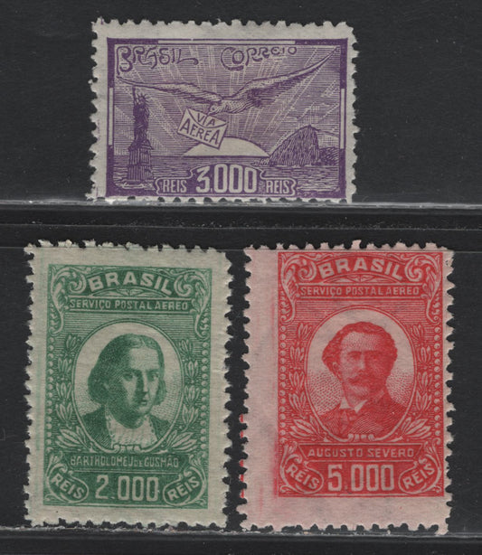 Lot 280 Brazil SC#C22, C23, C25 2000r - 5,000r Green - Carmine Bartholomeu du Gusmao - Allegory of US-Brazil Airmail Service, 1929-1930 Airmail Issue, 3 VG OG, Fine & VFOG Singles Perf. 11-12