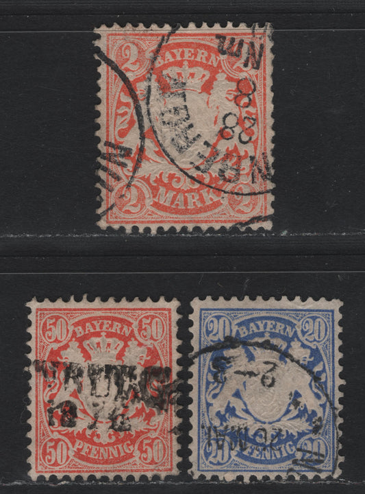 Lot 28 Bavaria SC#42, 44, 47 (Michel# 40a, 42) 20c - 2m Ultramarine - Lively Reddish Orange , 1876-1878 Embossed Arms Issue, 3 Fine/Very Fine Used Singles
