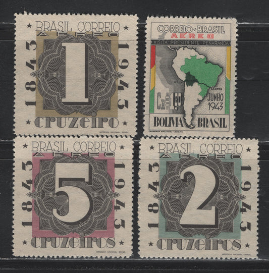Lot 281 Brazil SC#C49-C52 1.2cr-5cr Multicoloured - Black & Pink Map Of South America - Numeral On Fancy Background, 1943 Visit of President Penaranda Of Bolivia & 1943 Stamp Cetenary Airmail Issue, 4 VF Unused Singles No Gum As Issued