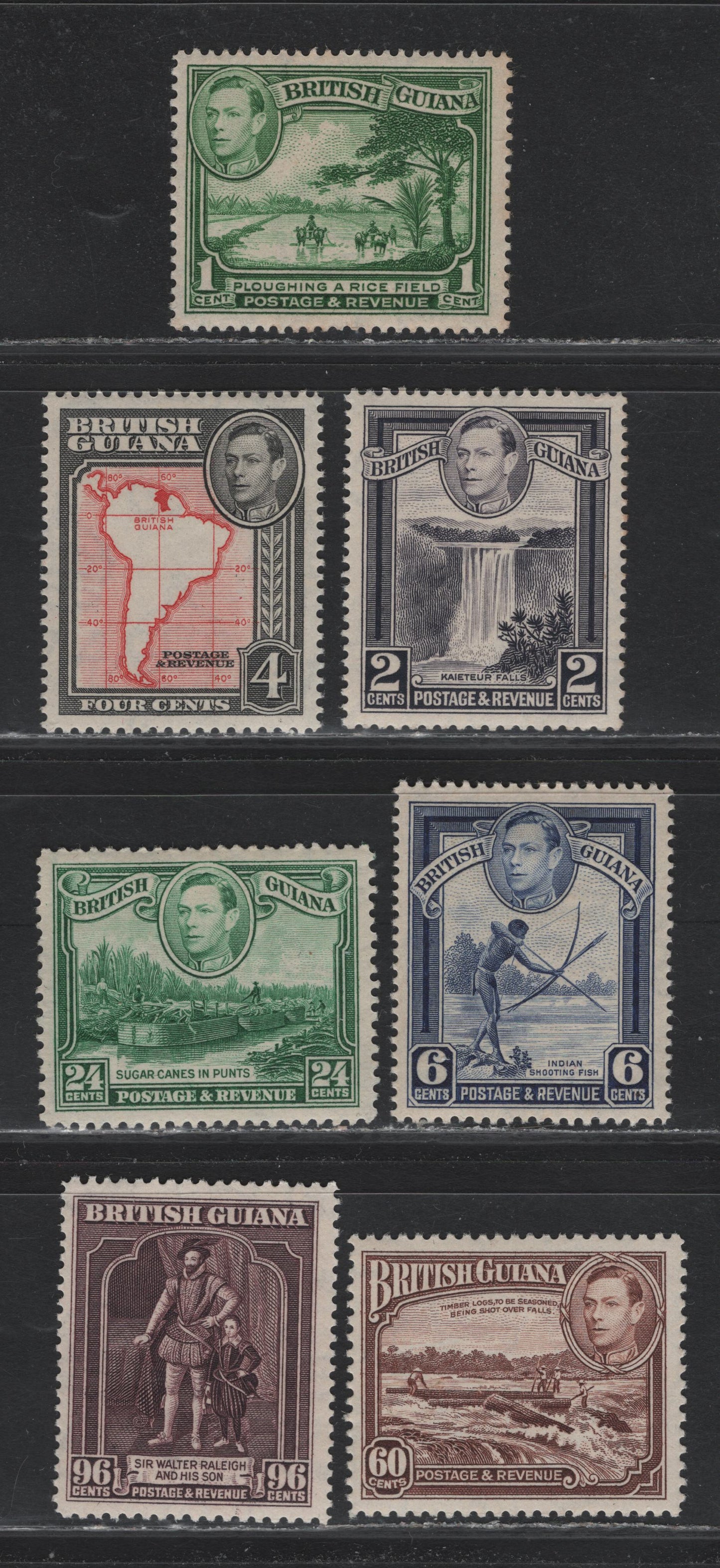 Lot 282 British Guiana SC#308b, 309a, 310b, 311b, 312, 315, 316a 1c-96c Green - Purple Ploughing Rice - Sir Walter Rakleigh, 1938-1952 King George VI Pictorial Issue, 7 Fine & VFOG Singles Various Perfs, 1944, 1949 and 1952 Printings