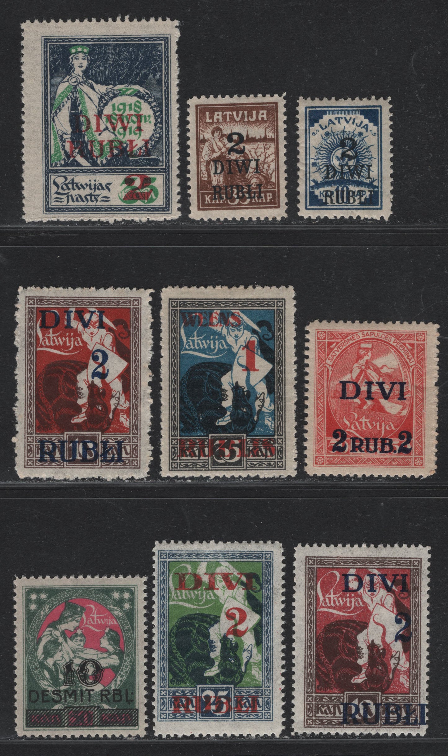 Lot 284 Latvia SC#86-88, 90-93, 95 2r on 10k - 2r on 25k Deep Blue - Indigo & Green , 1920-1921 Surcharged Issues, 9 VFNH Singles