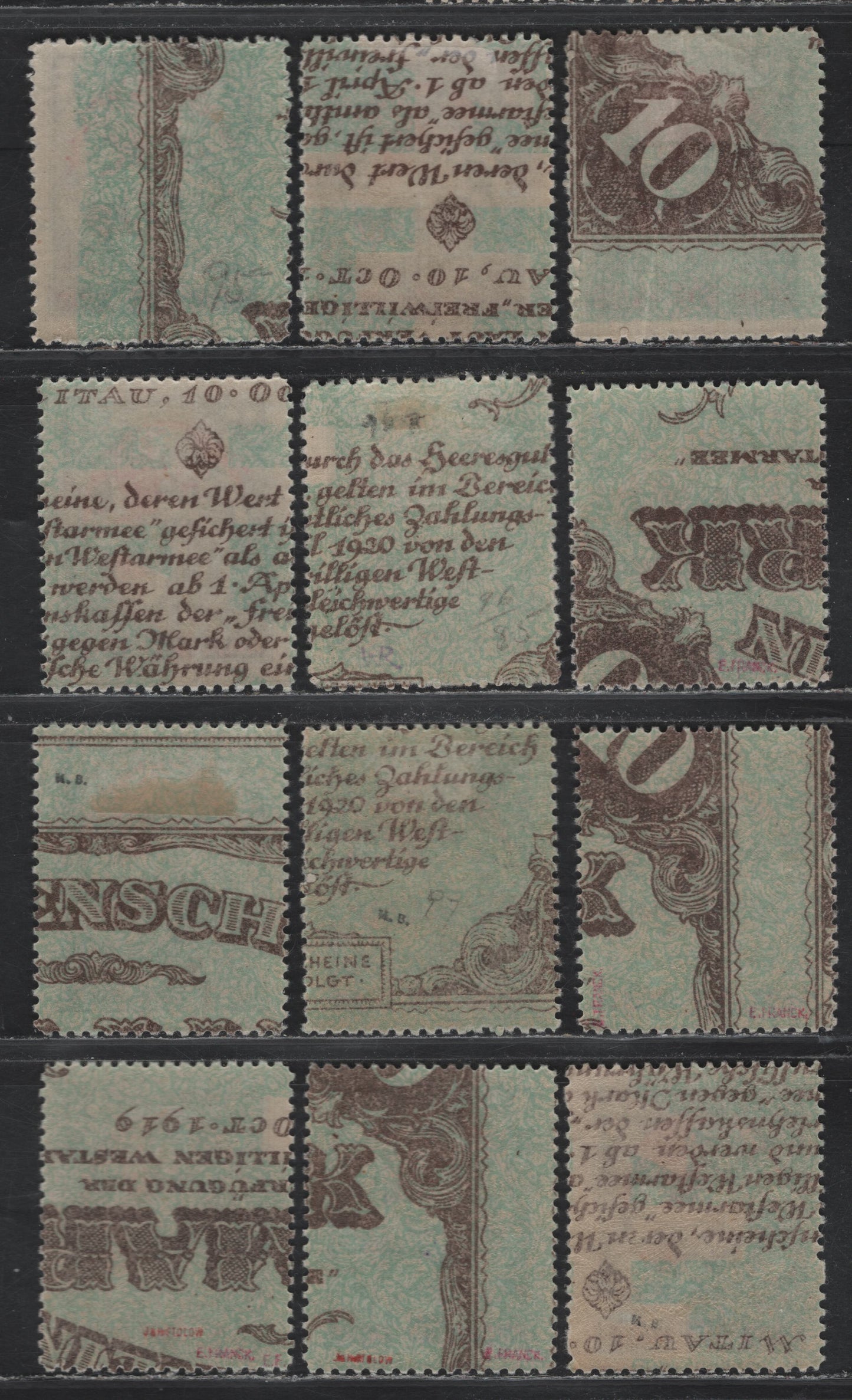Lot 286 Latvia SC#95-99 10r on 50k - 100r on 50k Dark Green & Rose , 1921 Surcharged Latgale Relief Issue, 12 F/VFOG Singles, Various Perfs