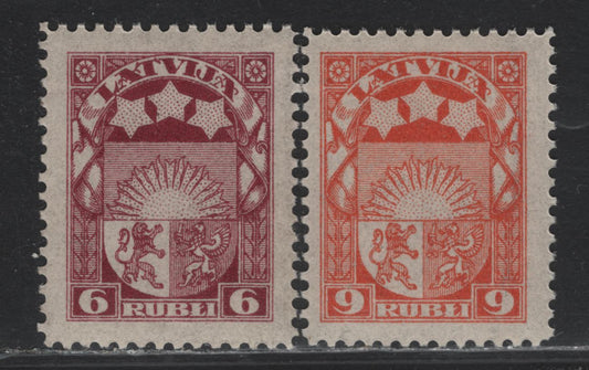 Lot 288 Latvia SC#106-107 6r - 9r Deep Claret - Orange , 1921-1922 Arms & Stars Issue, 2 F/VFNH Singles, Perf 11.5