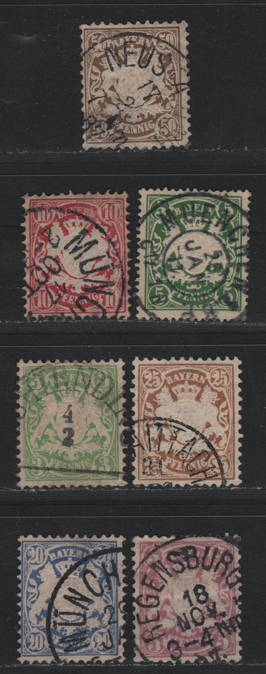 Lot 29 Bavaria Michel#48-53, 72 9Michel# 47-49b, 50-52, 75) 3pf - 50pf Green - Grayish Brown , 1881-1911 Embossed Arms Issue, 7 Fine/Very Fine Used Singles, Perfs 11.5 & 14x14.5, Wavy Vertical Lines Wmk
